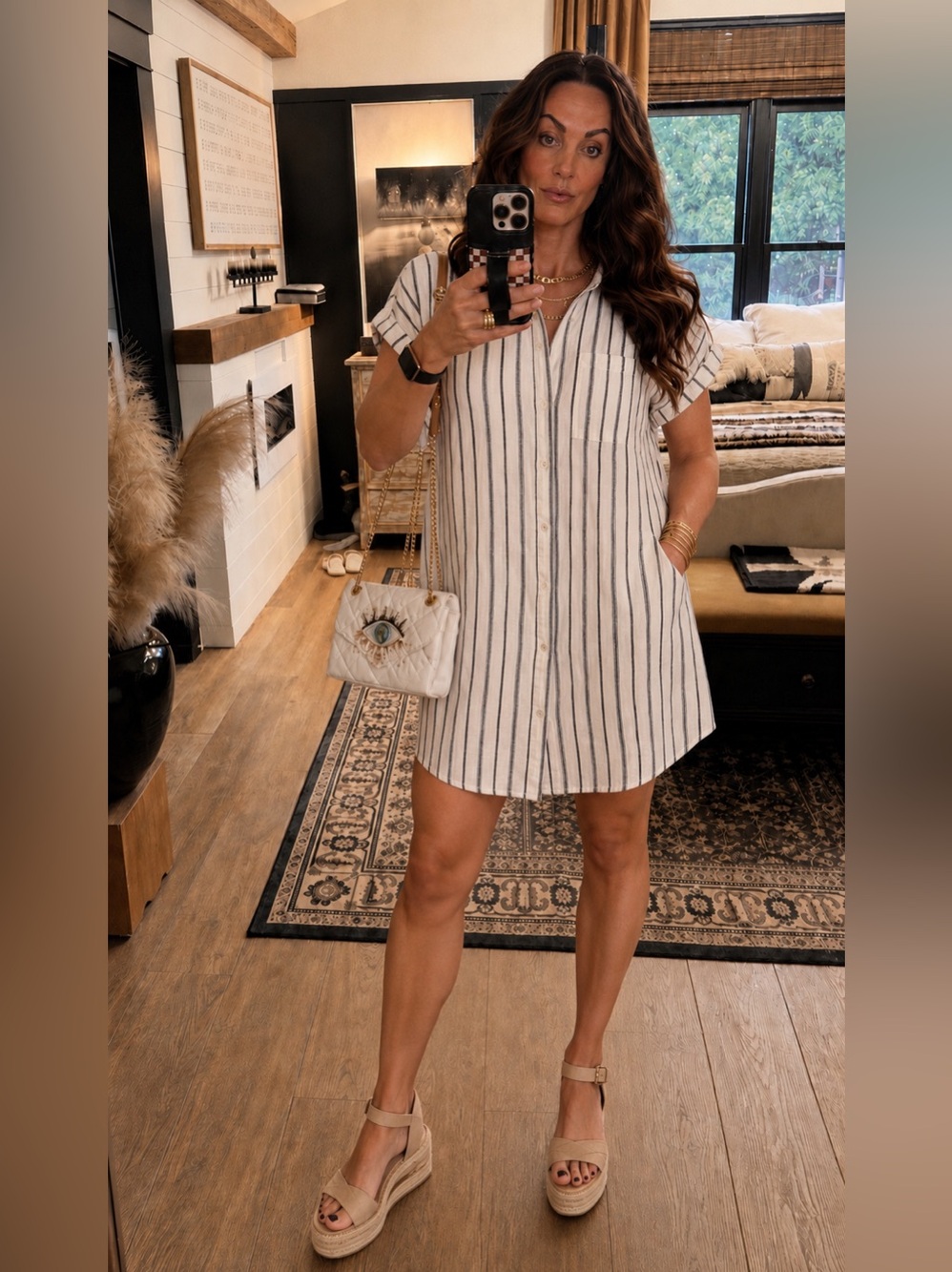 Old Navy White Button-Up Shirt Dress with faded Black Stripes